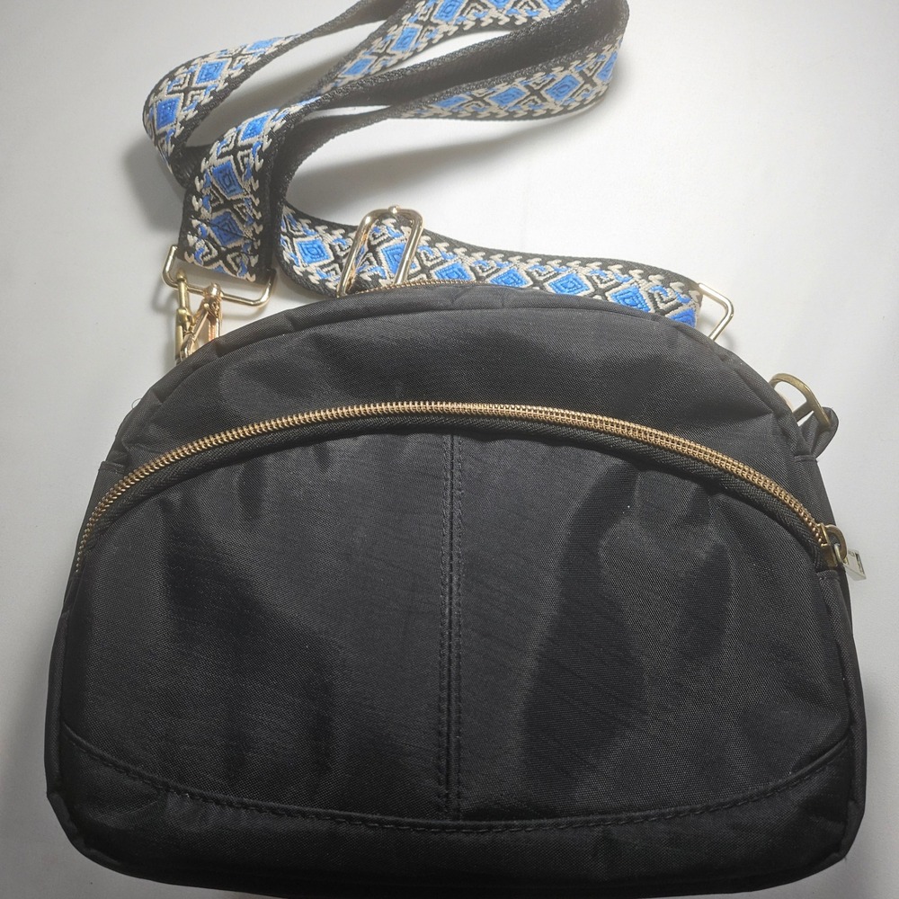 Travelon Black Nylon Crossbody Bag Blue Interior Geometric Guitar Strap Gold HW